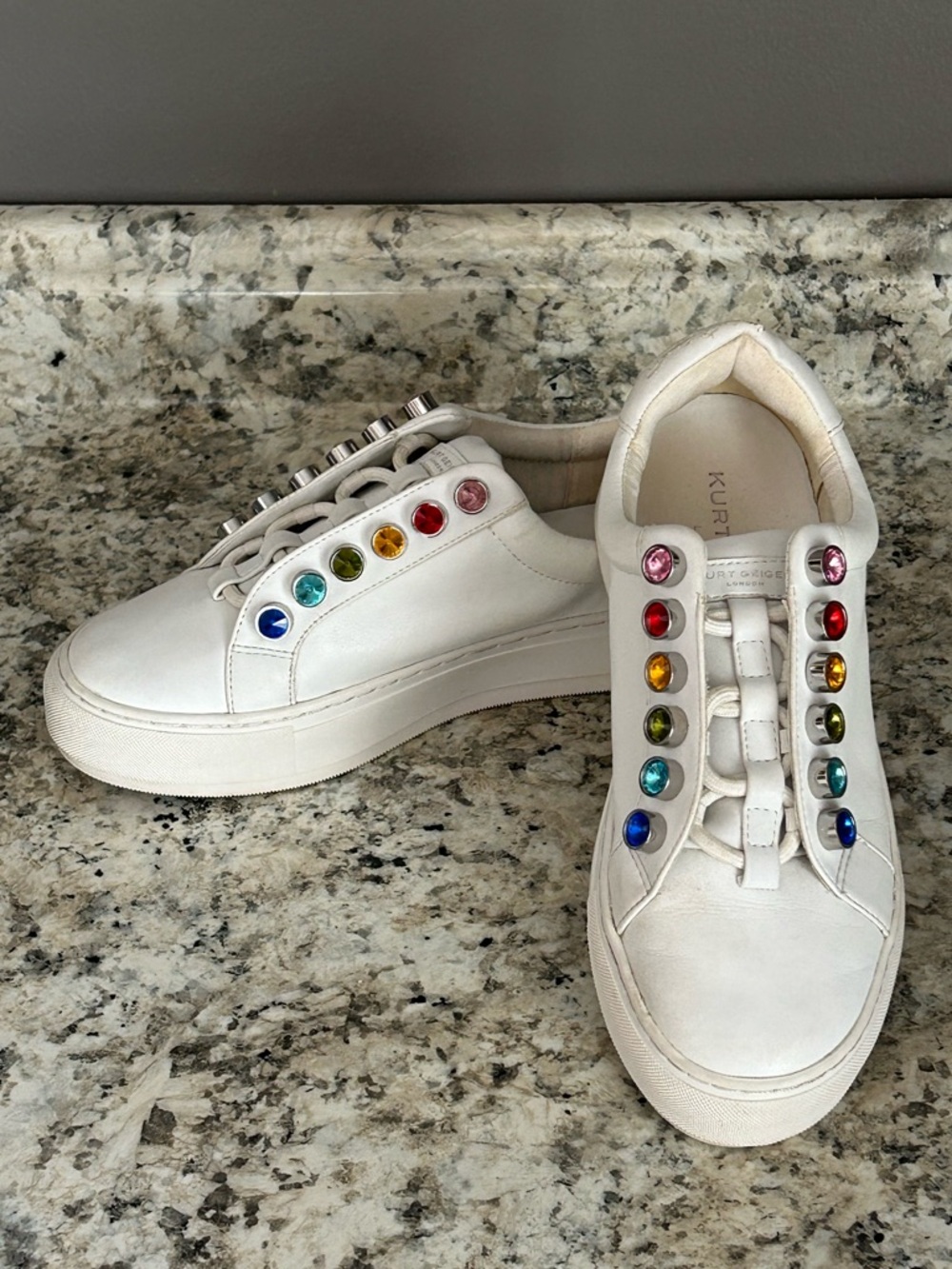Kurt Geiger London Liviah White Leather Rainbow Crystals Chunky Sneakers Size 37